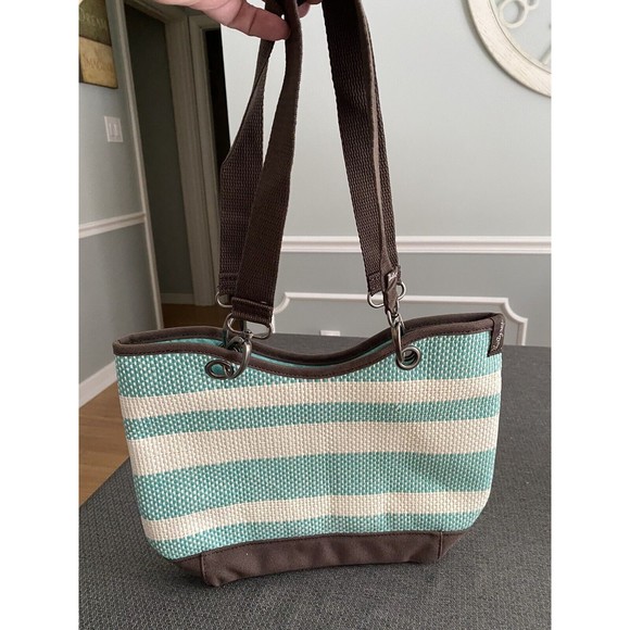 NWOT - Thirtyone Teal Blue and White Striped Tote Woven Handbag - Picture 1 of 12